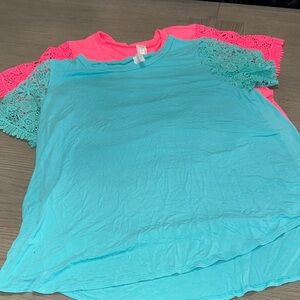Women's Lace Sleeve Tops - Blue and Pink